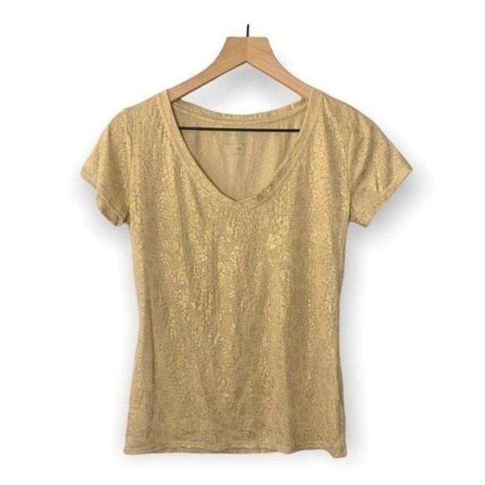 NY & Company Gold Cracked V Neck Neck Short Sleeve Tee Shirt Size XS